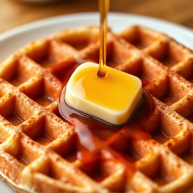 Close-up photo of Belgian waffle with butter and maple syrup, crisp texture